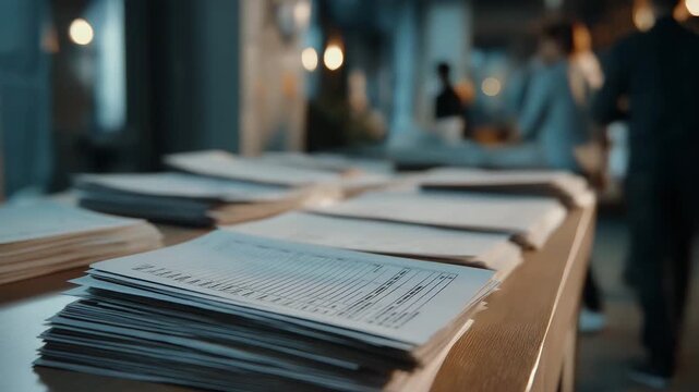 A stack of papers on a table. The papers are white and have writing on them. The table is wooden. Close up voting papers with blurred senate background, vote-a-rama clean documentary muted