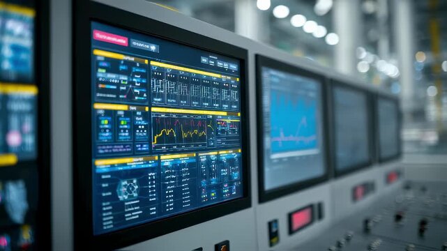 Medium shot of control room display showing substation SCADA singleline detail focused screen data with blurred industrial control visuals surrounding.
