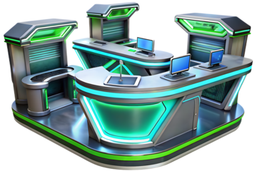 Futuristic Information Desk with Green Neon Lights and Computers technology counter isolated on a transparent background