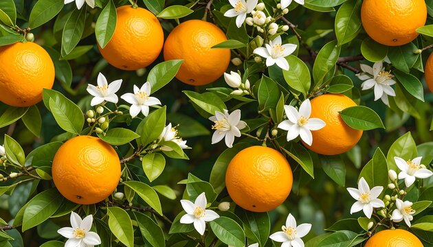 Orange blossoms and fruit on a tree