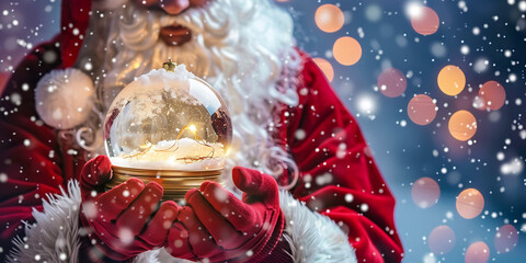 Title: Santa holding snow globe with bokeh lights and snow