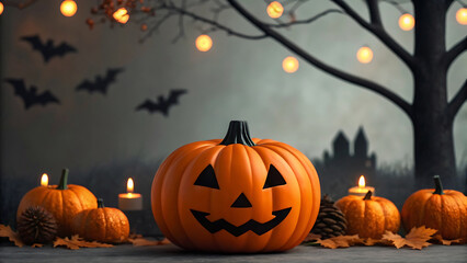 Eerie Halloween night celebration with a glowing Jack-o'-lantern, spooky bats, and warm festive lights