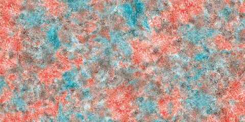 Multi-colored plaster on the wall, cement and concrete texture, red and blue rusty pattern and background, and brush-painted grungy rough surface.