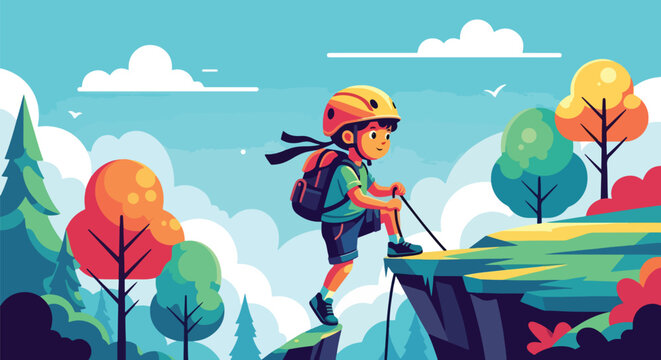 Adobe illustrator artwork vector illustration. A determined child rock climbing outdoors, wearing safety gear and ascending a rugged cliff face. Ideal for themes of adventure, challenge, and courage