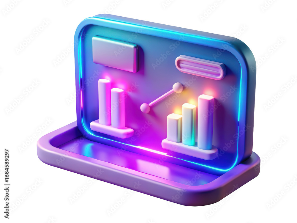 Poster glowing 3d graph analytics illustration showing business growth and data visualization on a modern p