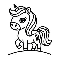 Adorable cartoon unicorn drawing with flowing mane and tail