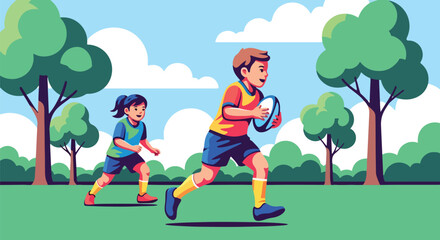 Adobe illustrator artwork vector illustration. Two happy children playing rugby outdoors, with one running with the ball and the other pursuing. Perfect for themes of sports and teamwork