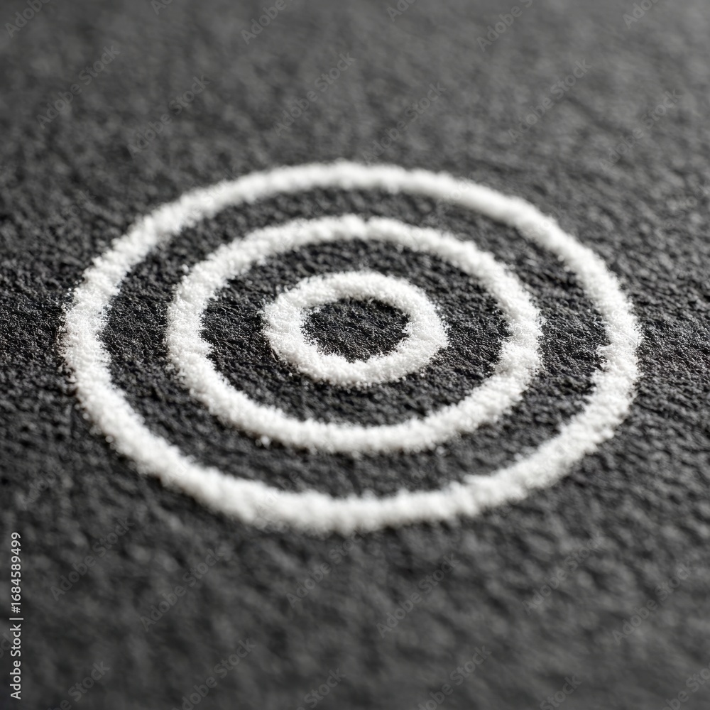 Poster close up view of concentric circles made of white powder on a dark gray surface. the image has a min