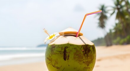 Coconut Drink with Straw and Flower on Beach