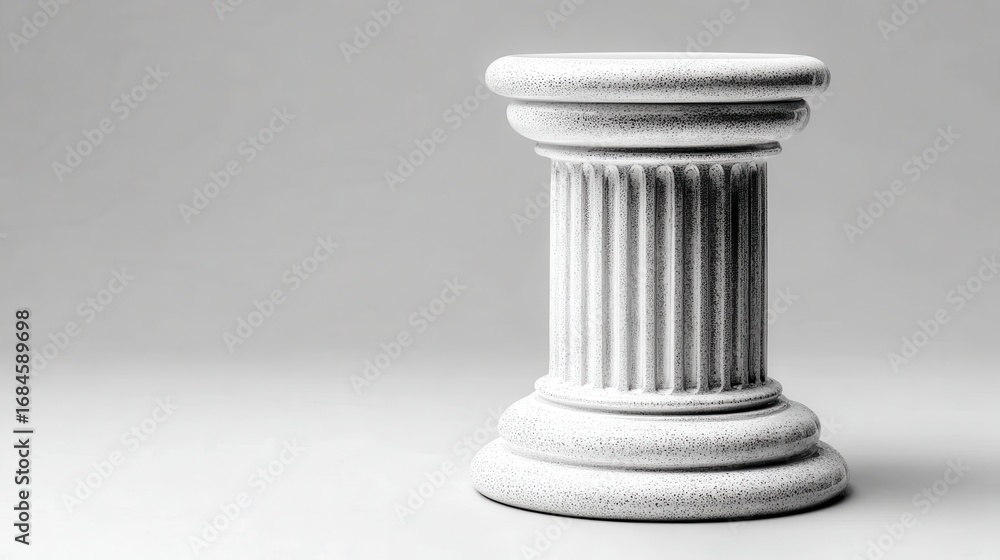 Poster close up view of a small, white speckled column with classical design elements against a neutral gra
