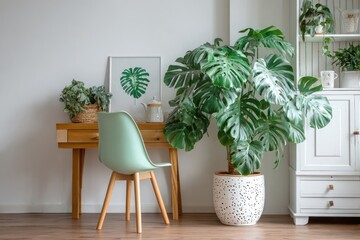 Fototapeta premium A light and airy home office with a large monstera plant.