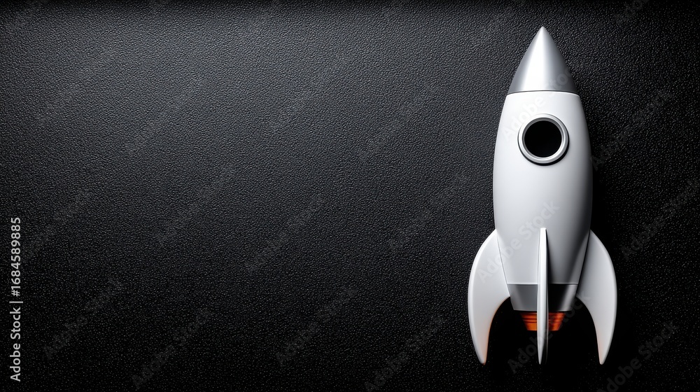 Poster white toy rocket on a dark background with sparkling particles, ready for launch. space exploration,
