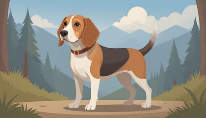 A beagle dog stands alert on a mountaintop, gazing into the distance, against a backdrop of lush forest and a tranquil mountain vista.