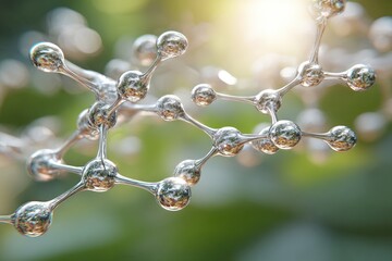 Complex molecule structure, silver spheres connected, blurred green background