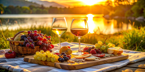 A picturesque picnic spread with wine, fruit, and cheese overlooking a lake at sunset.