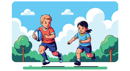 Adobe illustrator artwork vector illustration. Two happy children playing rugby outdoors, with one running with the ball and the other pursuing. Perfect for themes of sports and teamwork