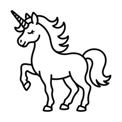 Whimsical line art drawing of a majestic unicorn with flowing mane and tail
