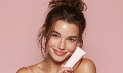Fototapeta premium Beautiful woman holding pink cosmetic tube and smiling on pink background