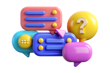 Colorful 3D Speech Bubbles with Question Mark and Message Icons chat communication isolated on a transparent background