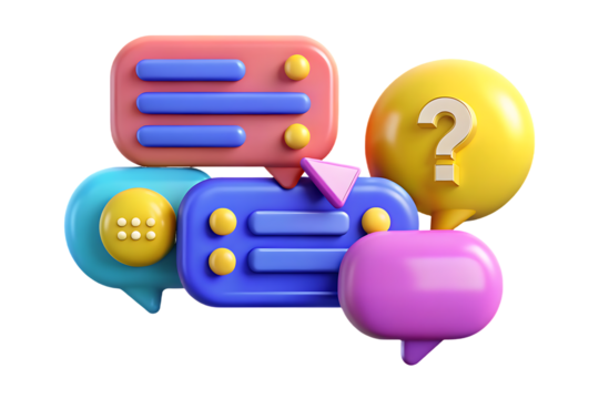 Colorful 3D Speech Bubbles with Question Mark and Message Icons chat communication isolated on a transparent background - Powered by Adobe