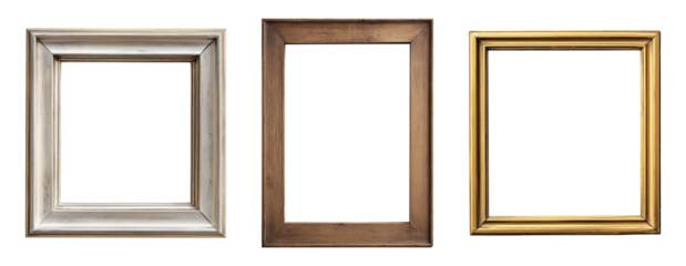 Set of three traditional picture frames in silver, dark wood and gold finishes isolated on transparent background