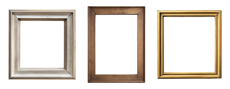 Set of three traditional picture frames in silver, dark wood and gold finishes isolated on transparent background