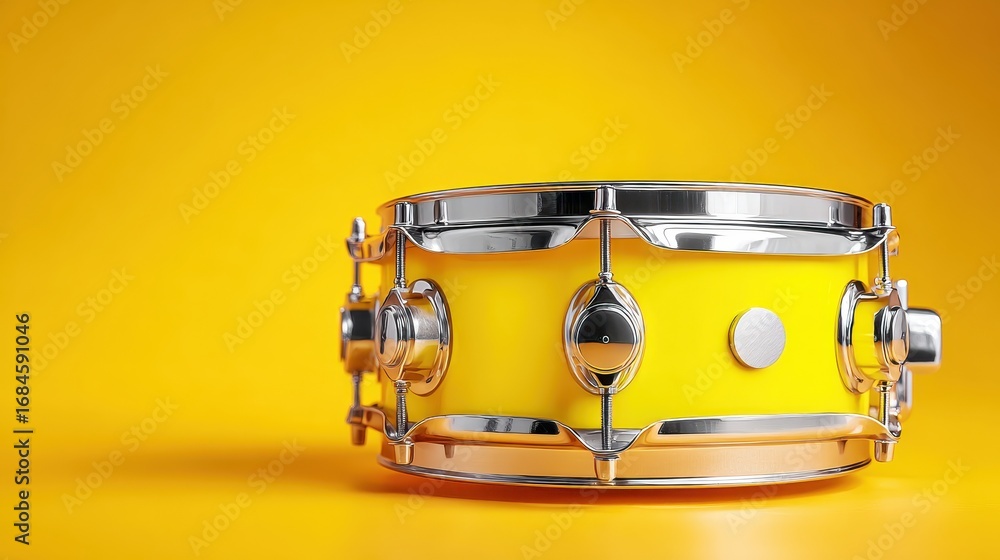 Poster close up view of a yellow drum with metallic hardware against a solid yellow background. the lightin