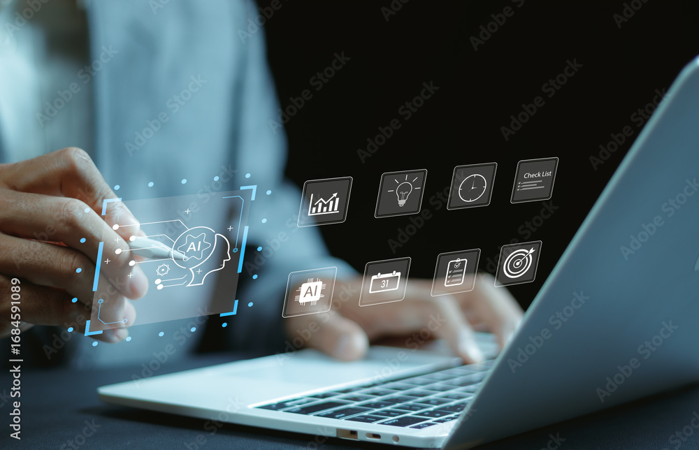 Poster hand typing on laptop with ai productivity tools, task management icons, checklist system, and digit