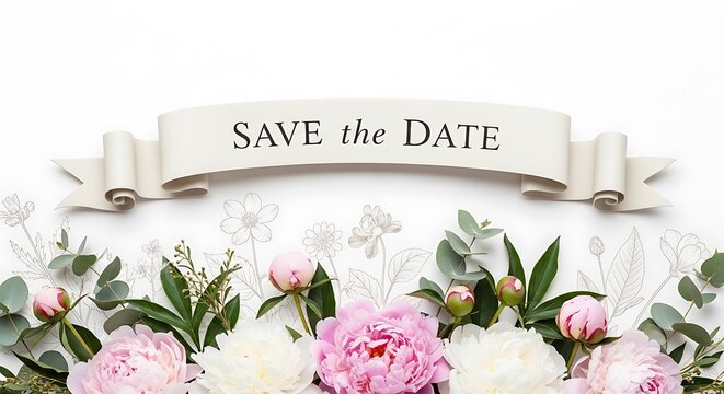 Floral Save the Date Banner with Peonies, Eucalyptus, and Delicate Outlines.