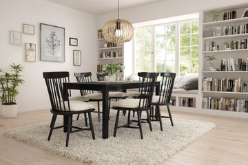 A modern dining area with black wooden chairs and a light beige area rug.