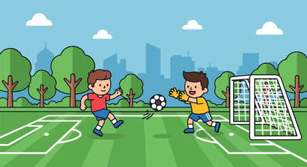 Fototapeta premium Adobe illustrator artwork vector illustration of boys playing soccer on a green field. Kids' fun outdoor sport with a player kicking the ball towards the goal and a goalkeeper ready to save