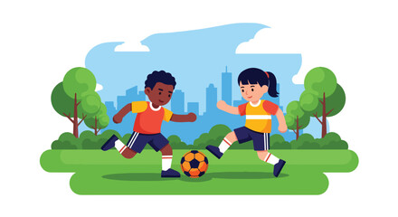 Adobe illustrator artwork vector illustration of boys playing soccer on a green field. Kids' fun outdoor sport with a player kicking the ball towards the goal and a goalkeeper ready to save