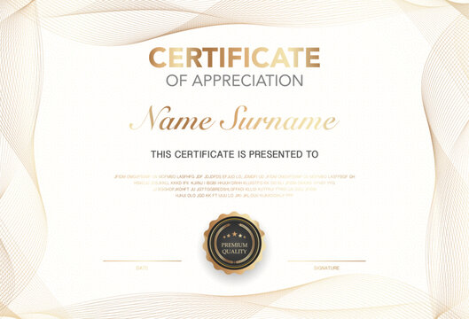 Modern certificate of appreciation template with elegant gold and black design, premium quality badge, customizable name and signature area, perfect for awards, achievement or recognition.