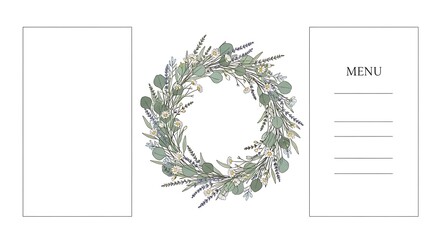 Floral Wreath Menu Design with Blank Spaces and Delicate Botanical Elements