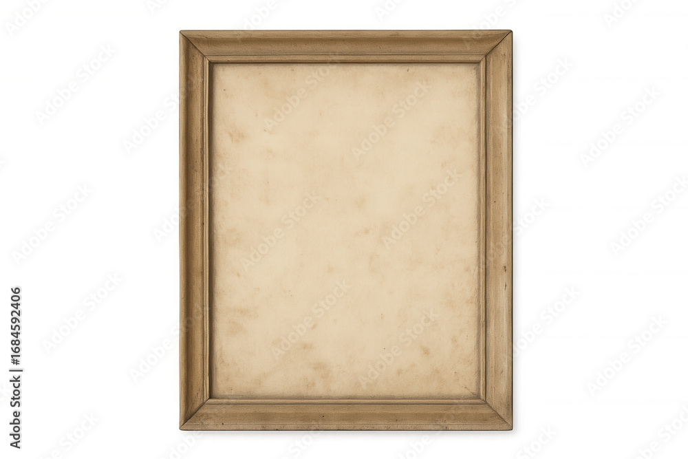 Poster wooden picture frame with aged empty canvas and transparent background, creating an antique and clas