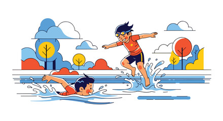 Adobe illustrator artwork vector illustration of cheerful boys swimming and jumping into a pool. Fun summer water activity for children in a vibrant, flat cartoon style © Amie