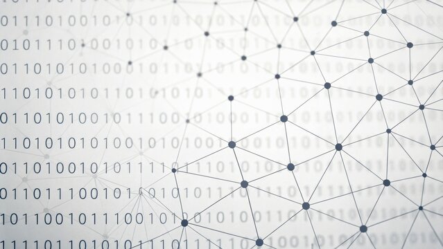 Abstract digital pattern featuring binary code and geometric connections.
