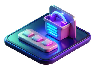 Neon shopping basket on platform three buttons futuristic style 3d illustration isolated on transparent background