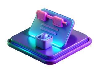 Neon style clipboard with glasses and cube digital art aesthetic design 3d illustration isolated on transparent background