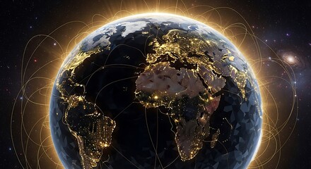 Global connections radiating from Earth showcase modern communication network in space