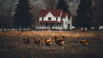 Chickens foraging in a field, farmhouse in background