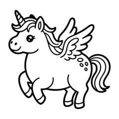 Charming outline drawing of a playful winged unicorn with a horn