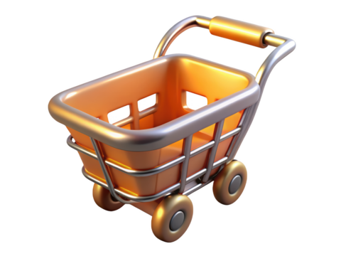 Orange shopping cart isolated retail concept store design online commerce purchase symbol 3d illustration isolated on transparent background