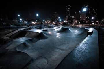 Skateboard Scene. Night Skateboarding at Gritty Urban Skate Park in Chicago