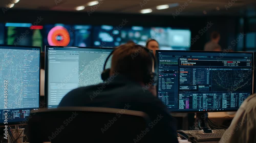Poster medium shot highlighting a sharp dashboard showing escalation alerts while the rest of the warroom t