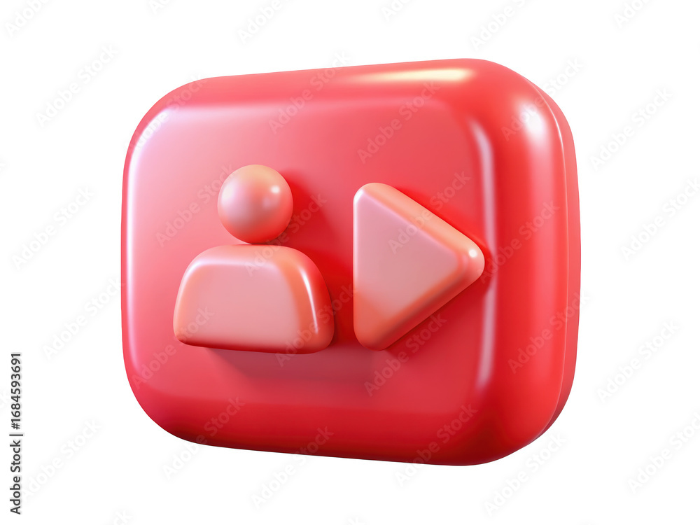 Poster red user follow button with play icon smooth 3d rendering 3d illustration isolated on transparent ba