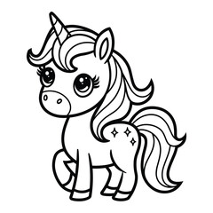 Adorable chibi unicorn coloring page with sparkles and big eyes