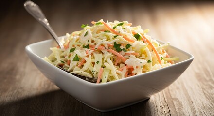 Bowl of Fresh Coleslaw Salad with Shredded Vegetables on Wooden Table