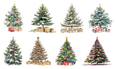 PNG Festive Christmas tree illustrations collection, element set on transparent background