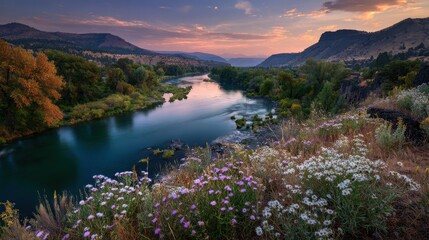 Snake River Idaho. Sunset Landscape with Wild Flowers by Twin Falls